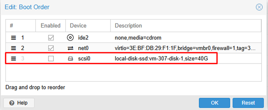Selecionando disco convertido para boot