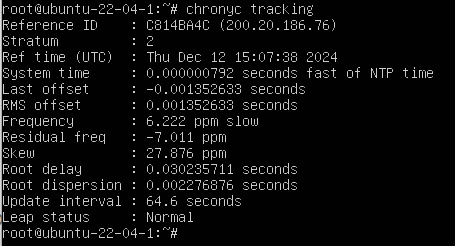 Cliente NTP - Exibição do resultado do comando: chronyc tracking