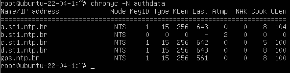Cliente NTP - Exibição do resultado do comando: chronyc -N authdata