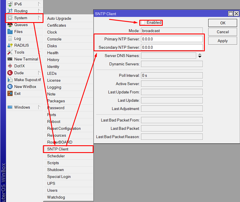 Exibindo caminho para configuração SNTP Client (Cliente NTP) Mikrotik 