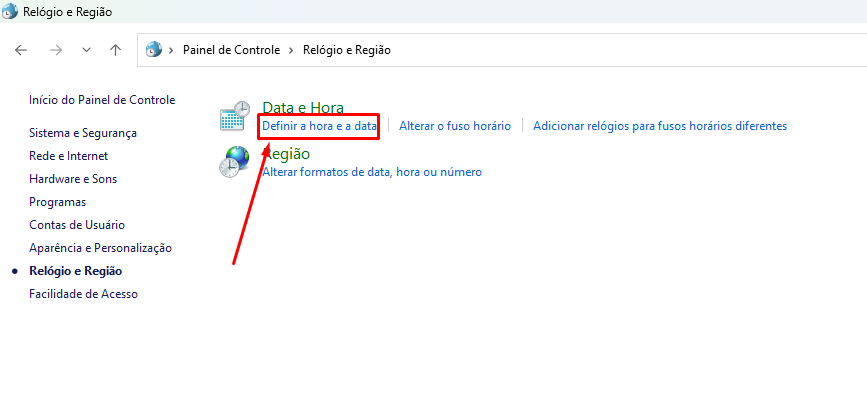 Acessando Definir a hora e a data no Windows 10