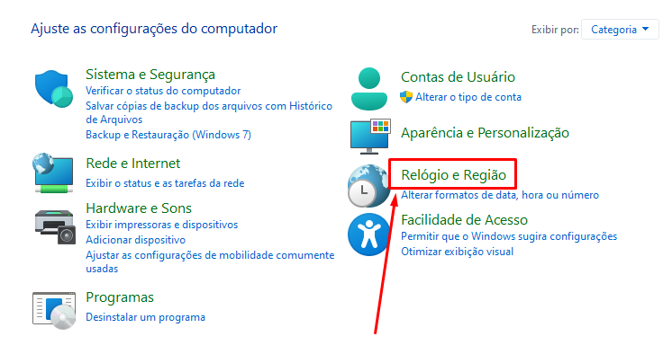 Acessando configurações de Relógio e Região no Windows 10