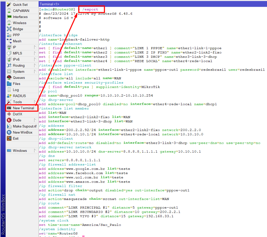 Comando export no terminal RouterOS