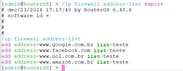 Comando export especificando caminho para IP > Firewall > Address List