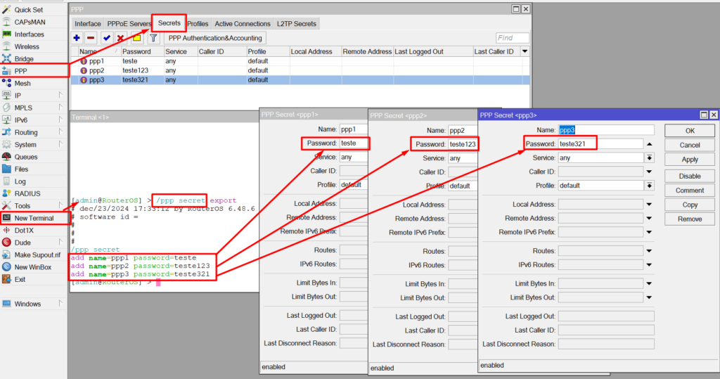 Comando export com exibindo senhas de PPP > Secrets
