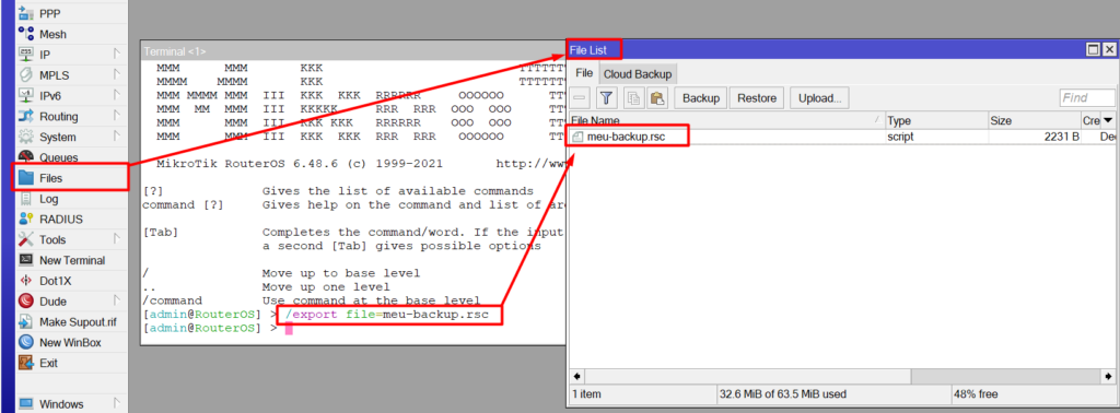 Comando export utilizando file=nome-arquivo.rsc para salvar em Files