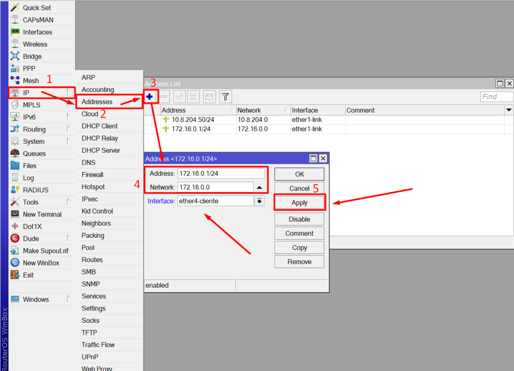 Adicionando IP na interface ether4-cliente