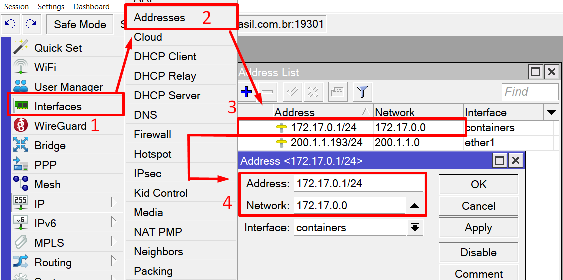 inserindo ip na bridge - container no mikrotik