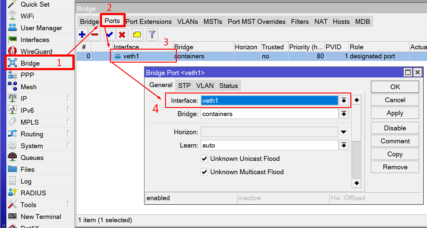 Atribuindo VETH para bridge- container no mikrotik