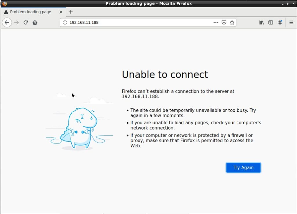 Mostrando que comunicação não é possível com o servidor usando IP Público